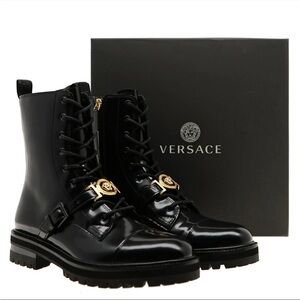 Versace Black Combat Boots with Gold Accents
